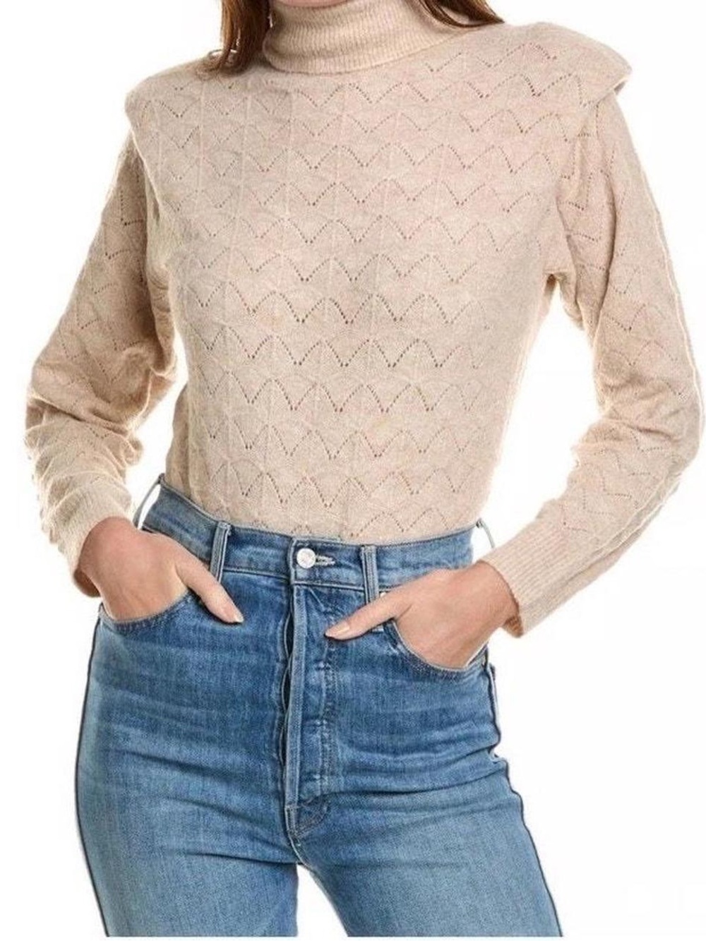 ASTR The Label Taupe Turtleneck Pointelle Knit Sweater With Shoulder Pads